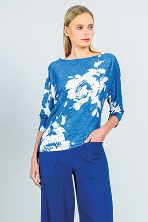 Crush Silk Knit - Half & Half Sleeve Top - Dreamy Floral-Blue