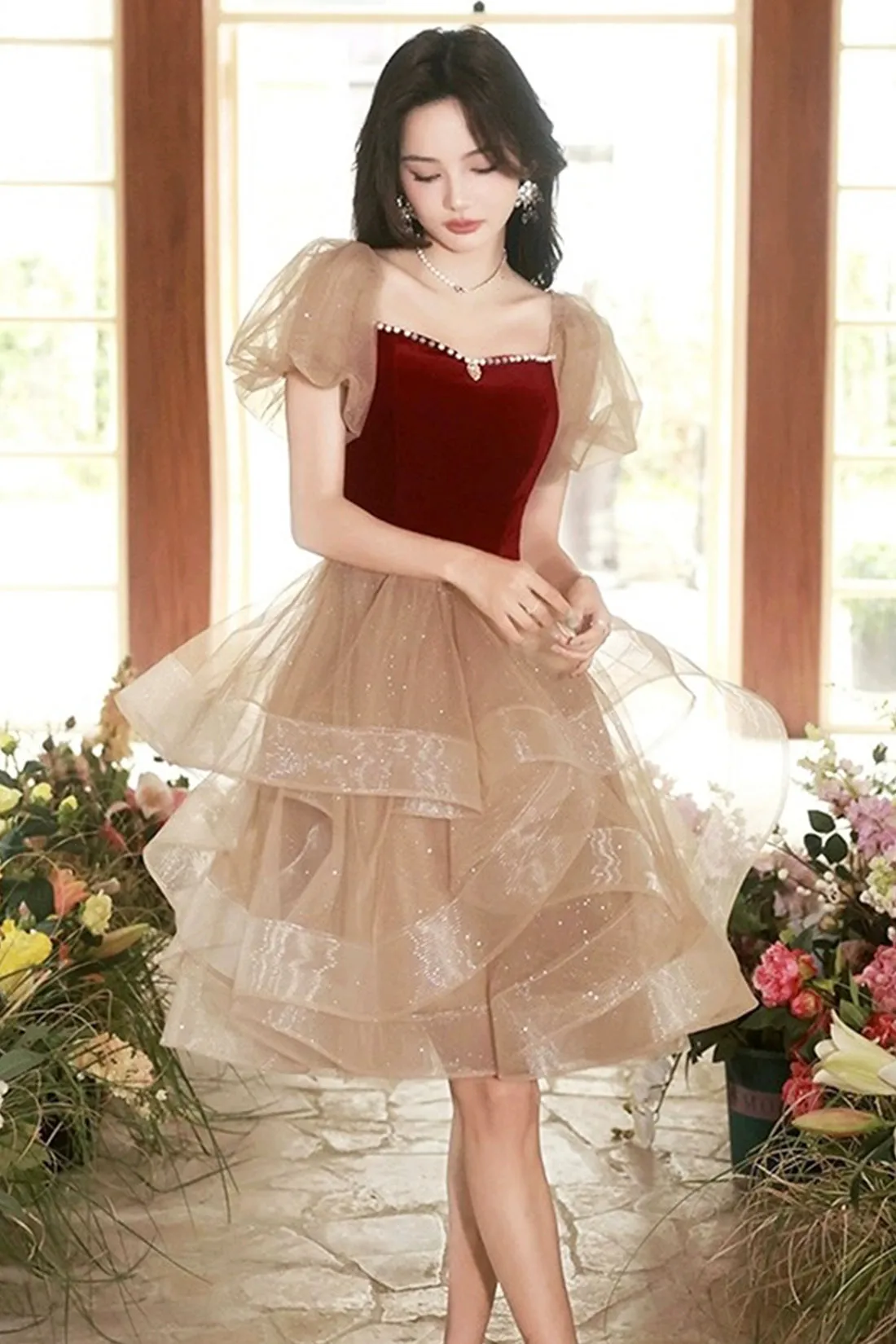 Cute Velvet Tulle Short Prom Dress, Beautiful Party Dress Homecoming Dress