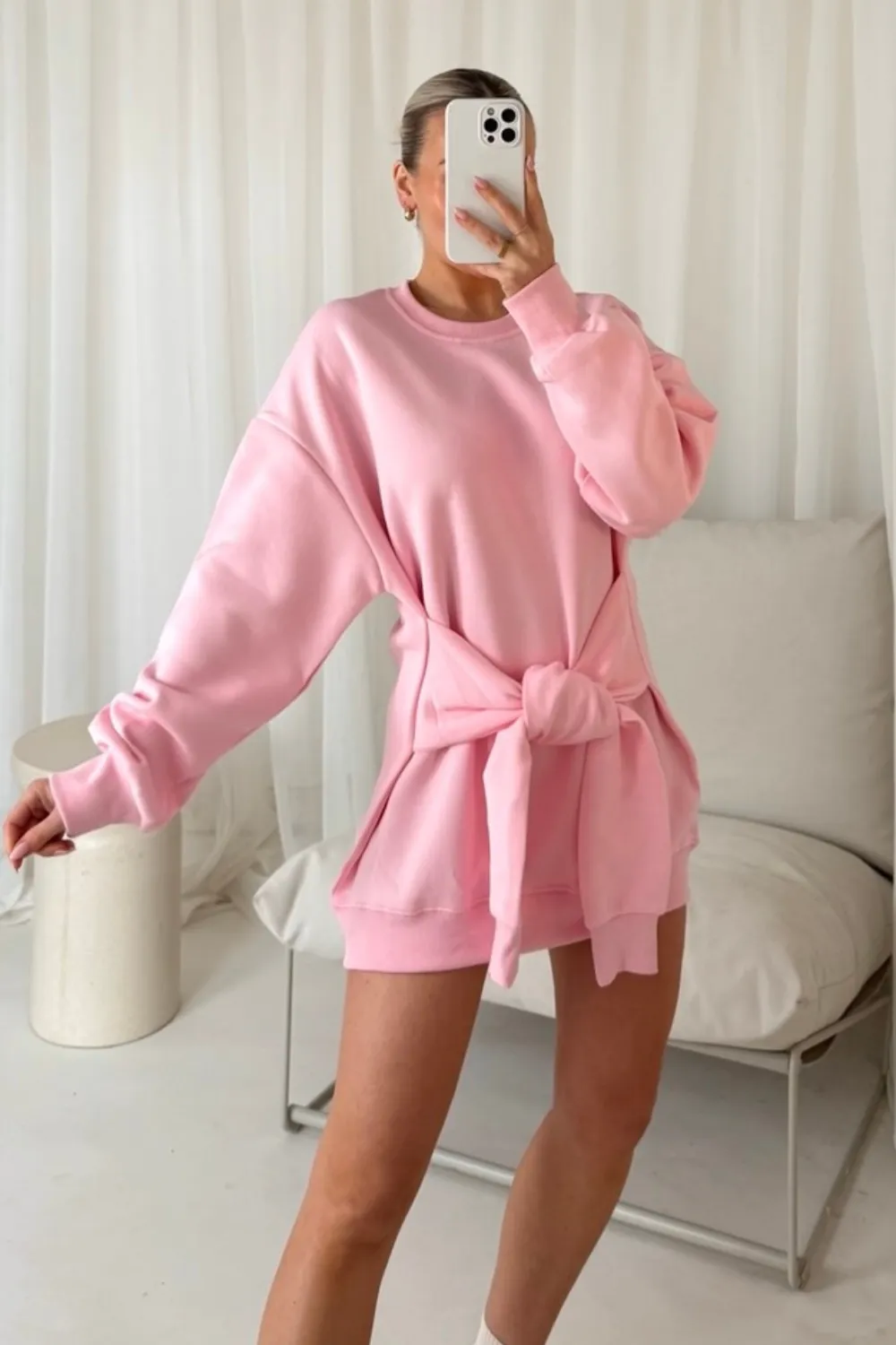 Daisy pink tie waist sweater dress