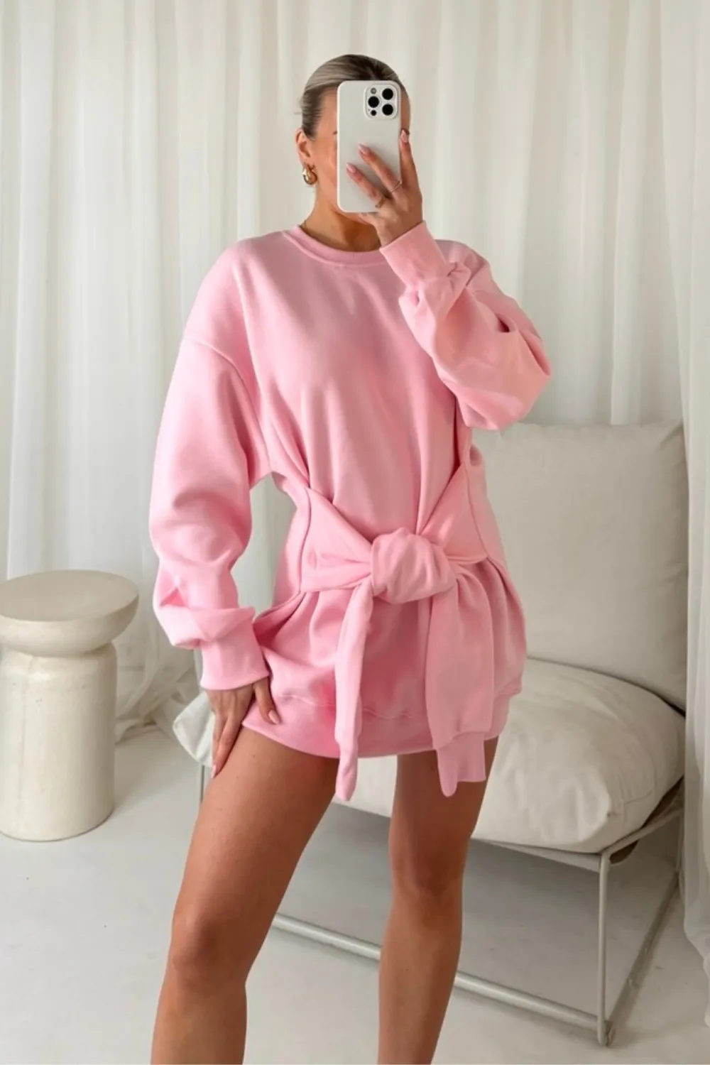 Daisy pink tie waist sweater dress