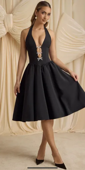 Deep V Plunge neck Halter Bow Backless Party Dress