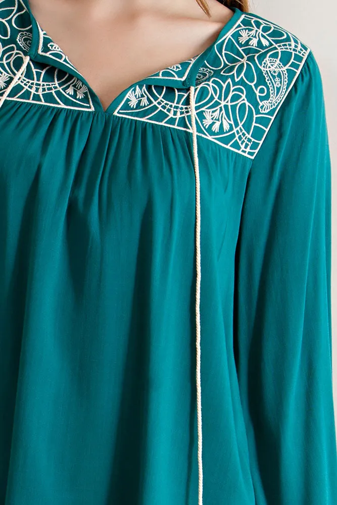 Embroidered Tassel Tie Top, Teal