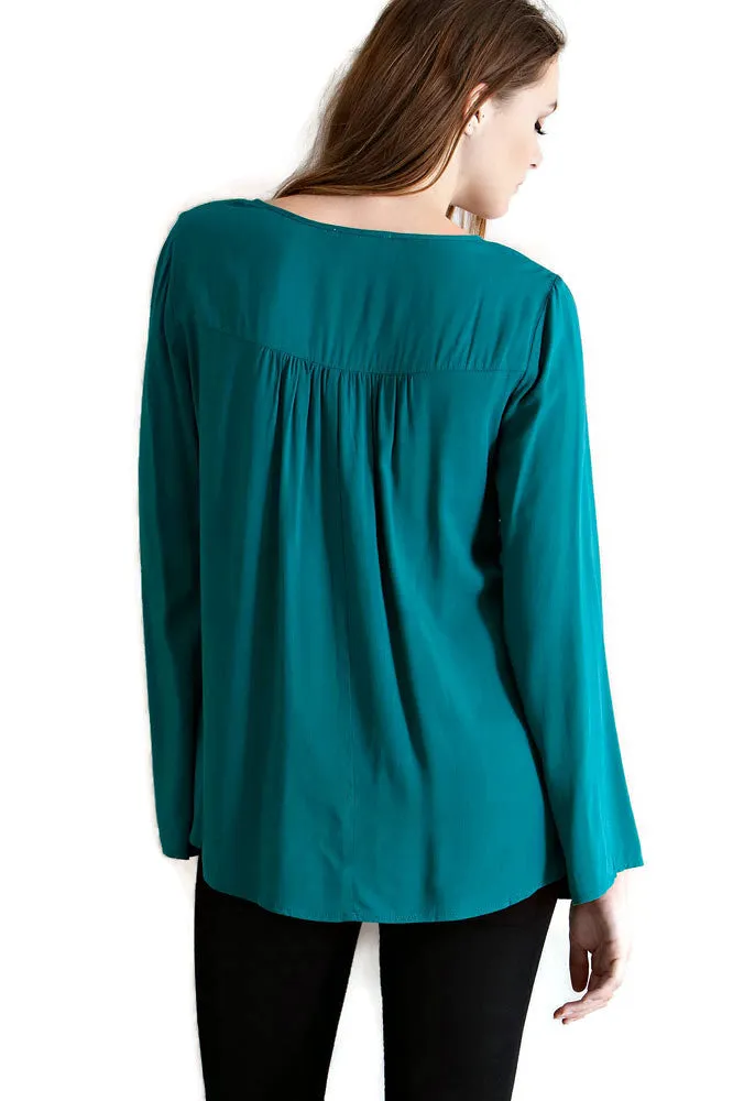 Embroidered Tassel Tie Top, Teal
