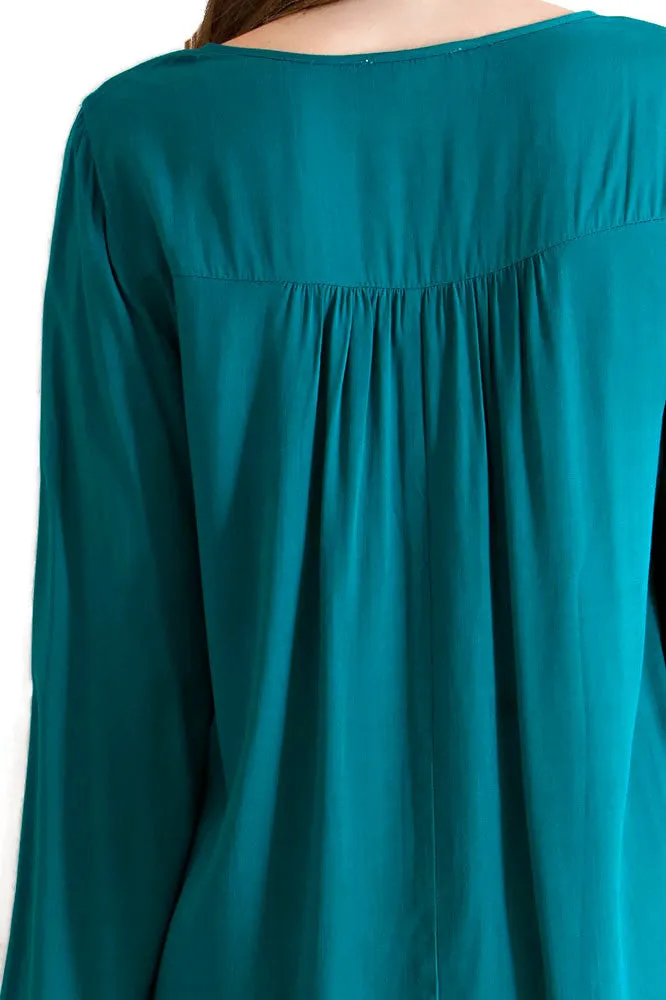 Embroidered Tassel Tie Top, Teal
