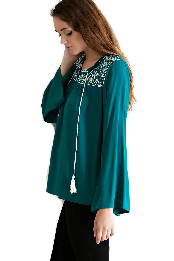 Embroidered Tassel Tie Top, Teal