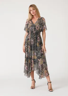 Flowy Asymmetrical V Neck Smocked Maxi Dress