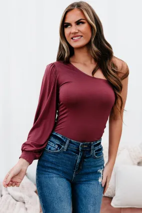 Get The Gossip One Shoulder Jersey Knit Top (Red Brown)