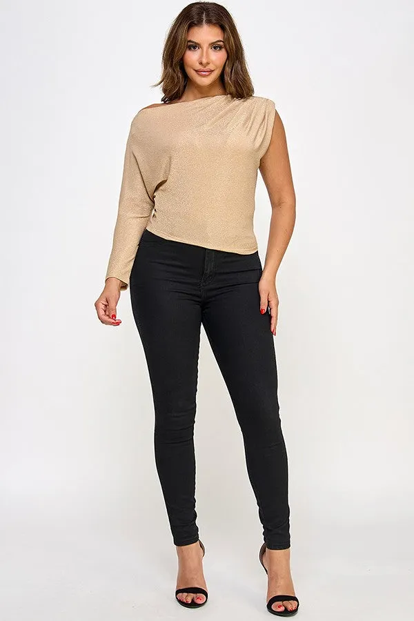 Glittery Knit One Sleeve Off One Shoulder Top