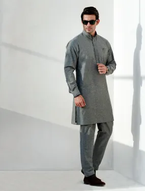 GREY LOGO EMBELLISHED SHORT LENGTH KURTA PAJAMA