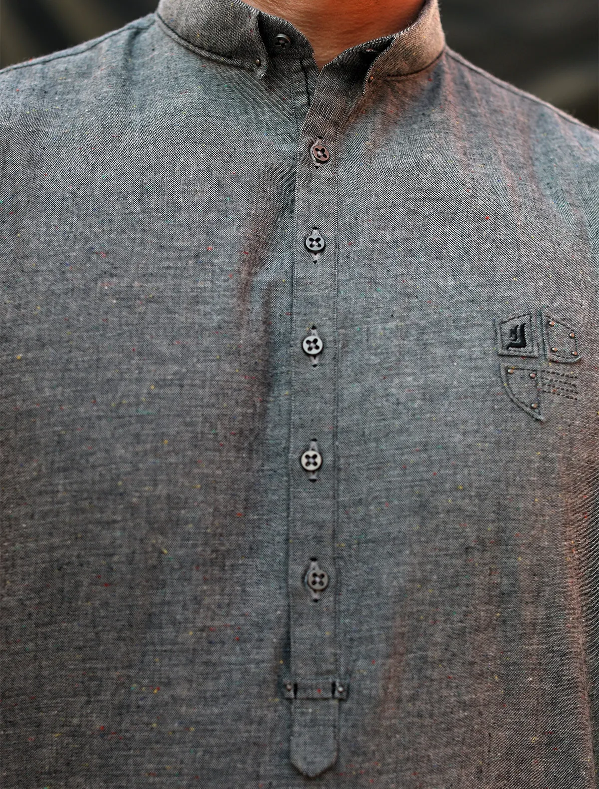 GREY LOGO EMBELLISHED SHORT LENGTH KURTA PAJAMA
