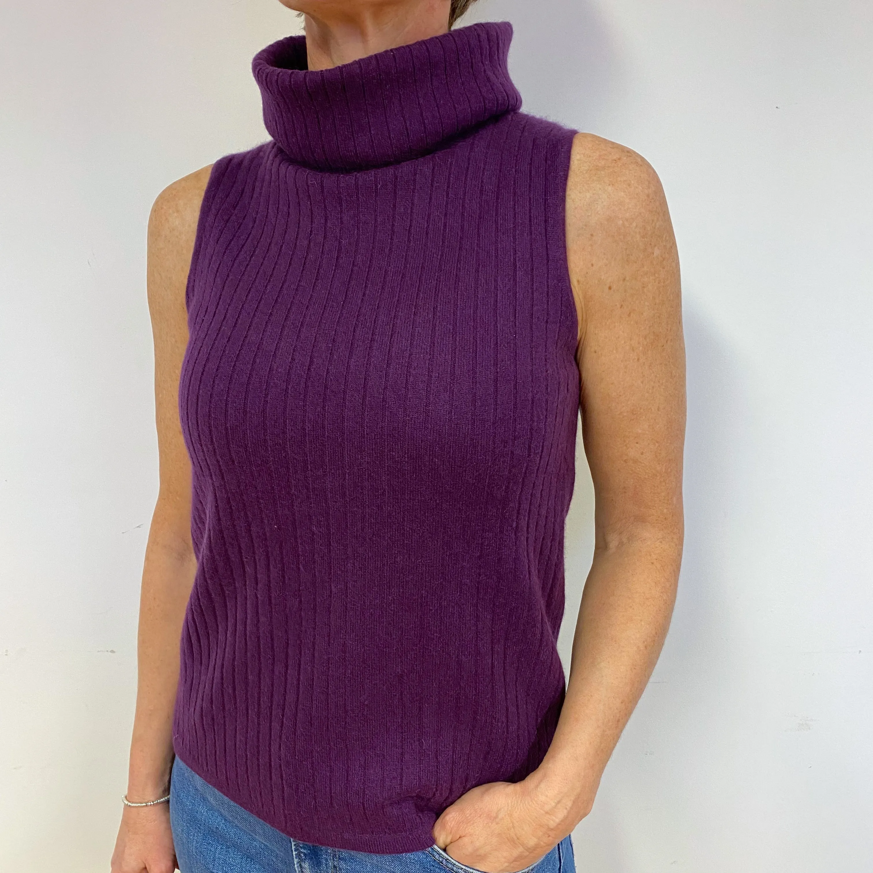 Iris Purple Cashmere Sleeveless Polo Neck Jumper Medium