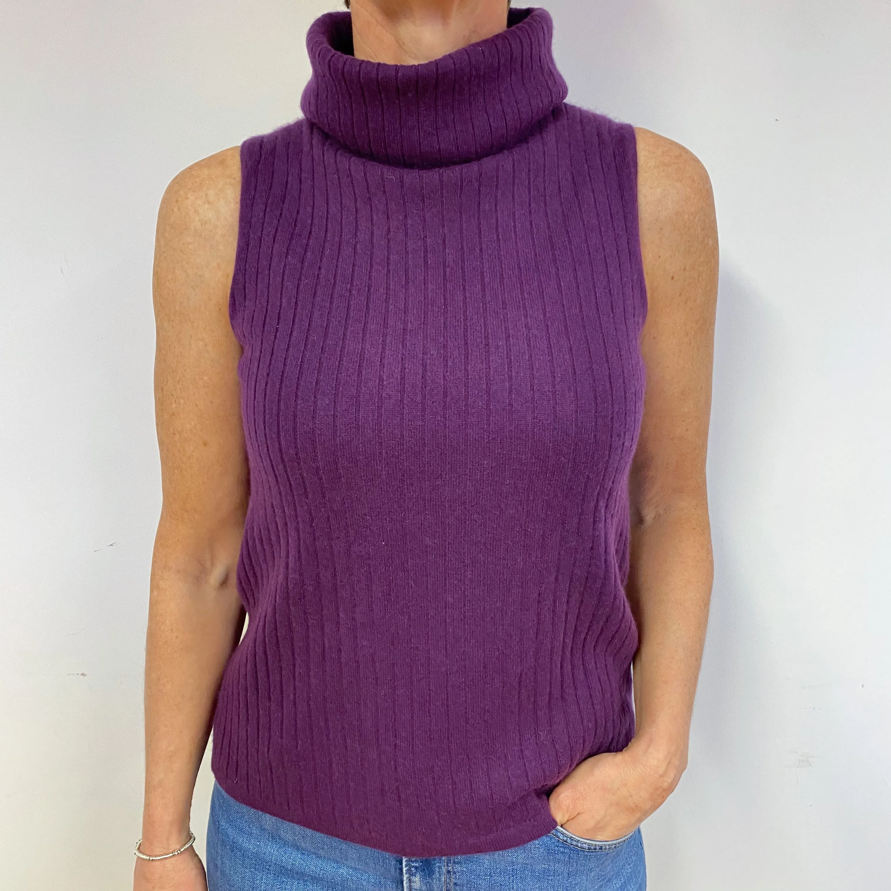Iris Purple Cashmere Sleeveless Polo Neck Jumper Medium