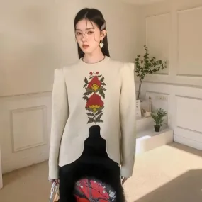 L e a Puff Sleeve Floral Elegant Knit Sweater