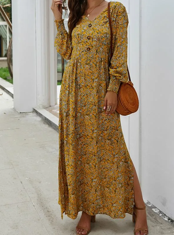 LANTERN SLEEVE V-NECK MAXI LONG DRESS