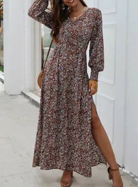 LANTERN SLEEVE V-NECK MAXI LONG DRESS