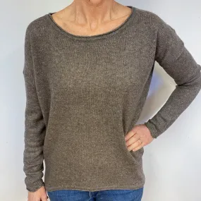 Lightweight Mocha Brown Cashmere Crew Neck Jumper Medium