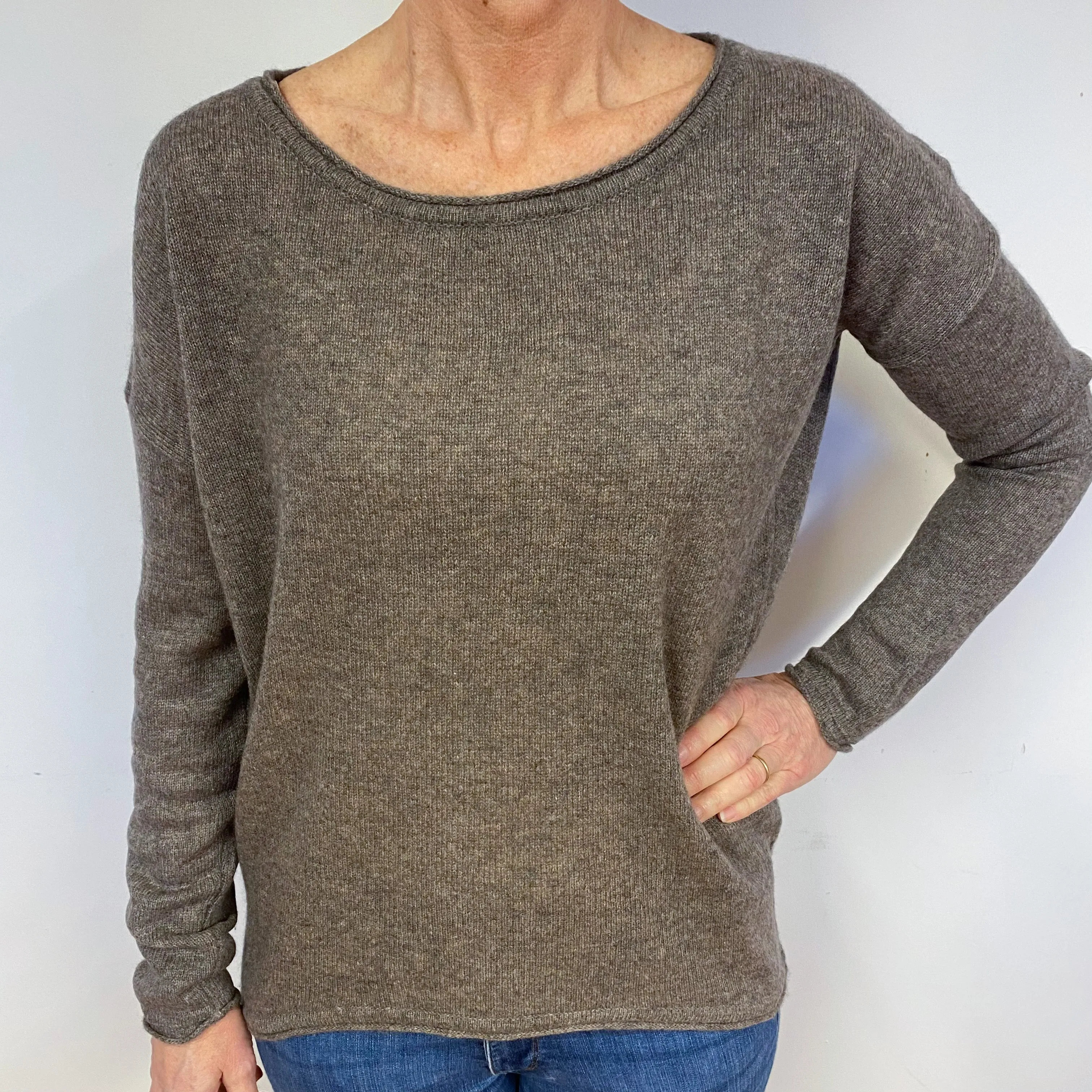 Lightweight Mocha Brown Cashmere Crew Neck Jumper Medium