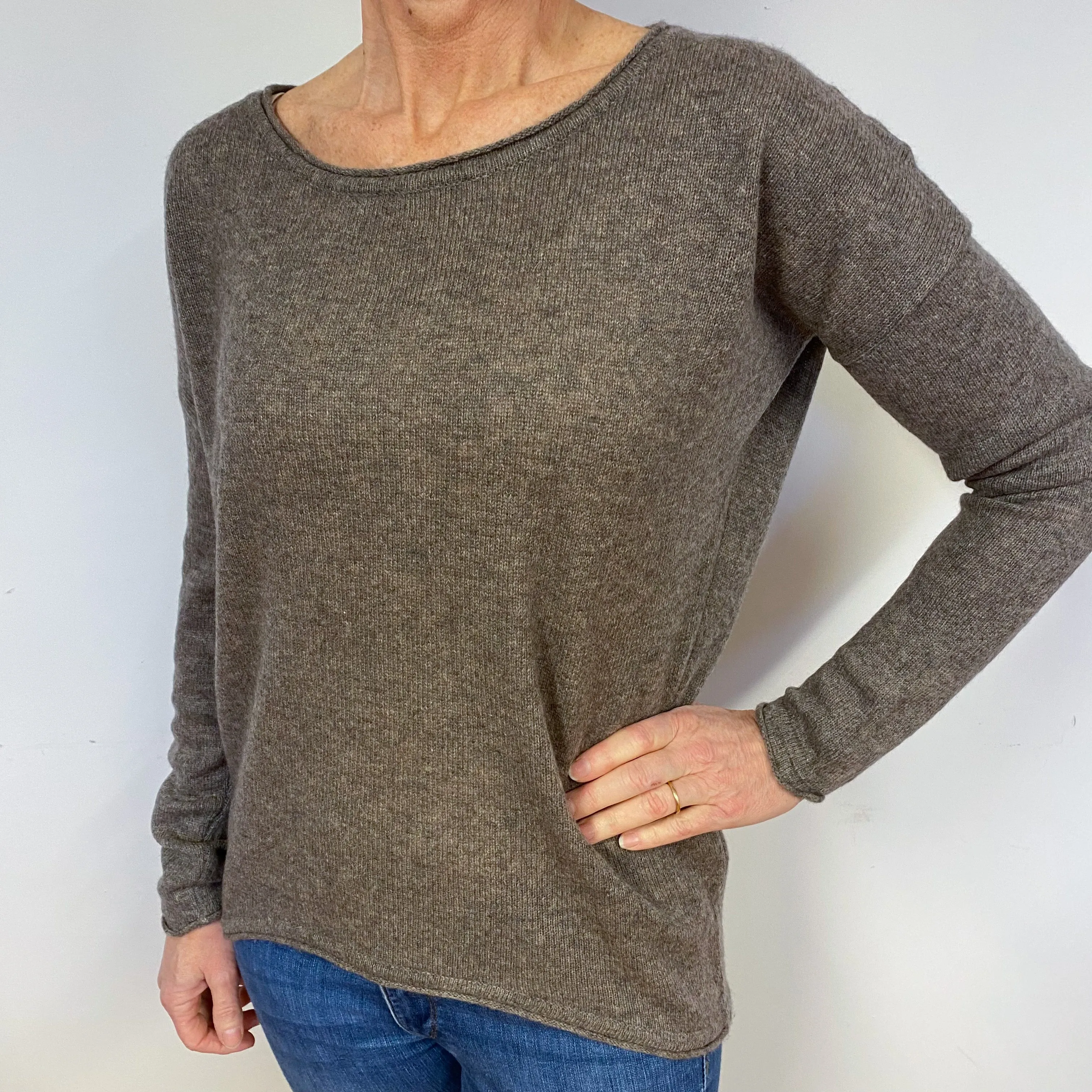 Lightweight Mocha Brown Cashmere Crew Neck Jumper Medium