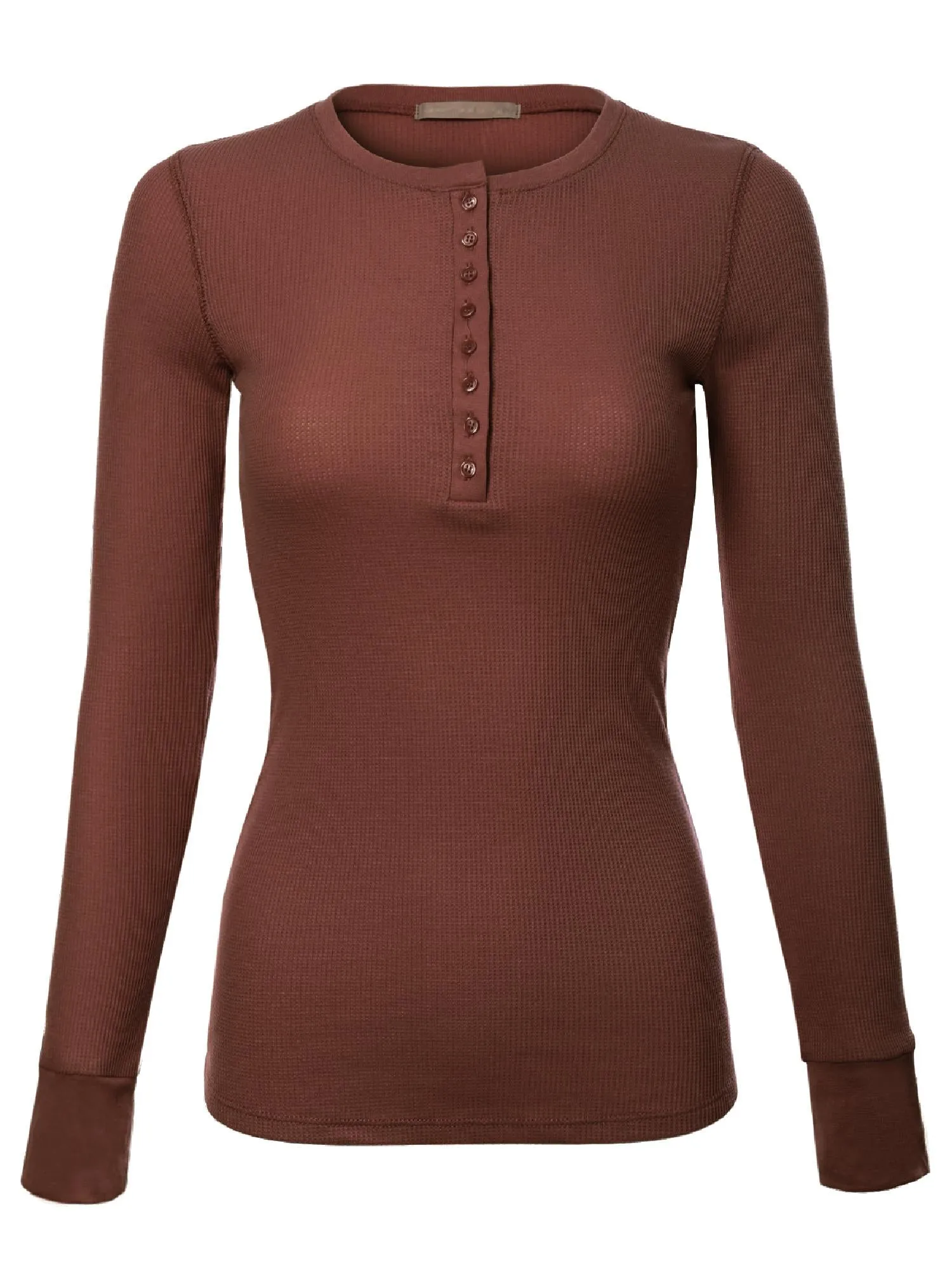Long Sleeve Eight Button Closure Henley Thermal Knit Top