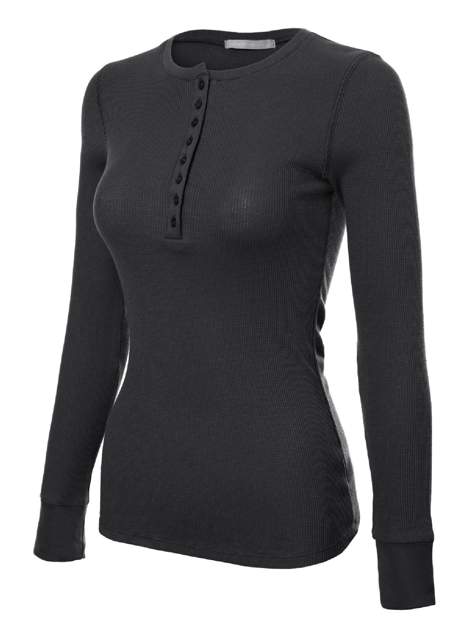 Long Sleeve Eight Button Closure Henley Thermal Knit Top