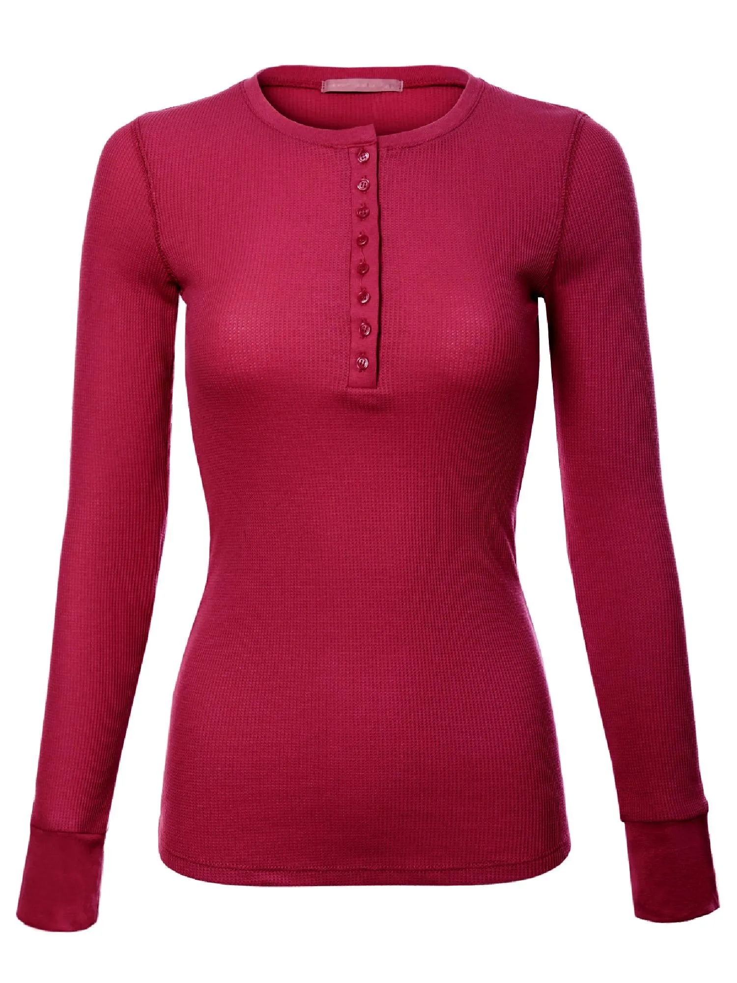 Long Sleeve Eight Button Closure Henley Thermal Knit Top