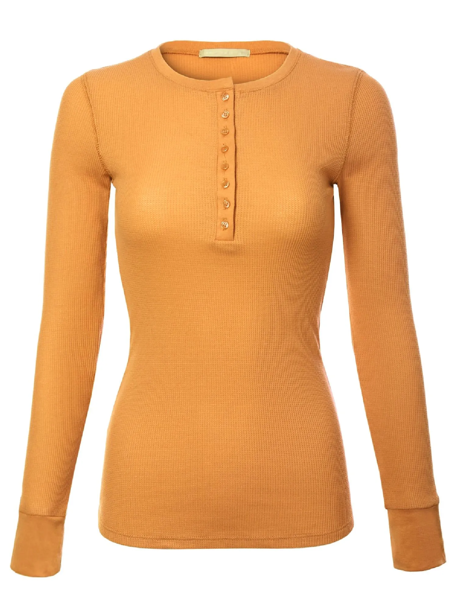 Long Sleeve Eight Button Closure Henley Thermal Knit Top