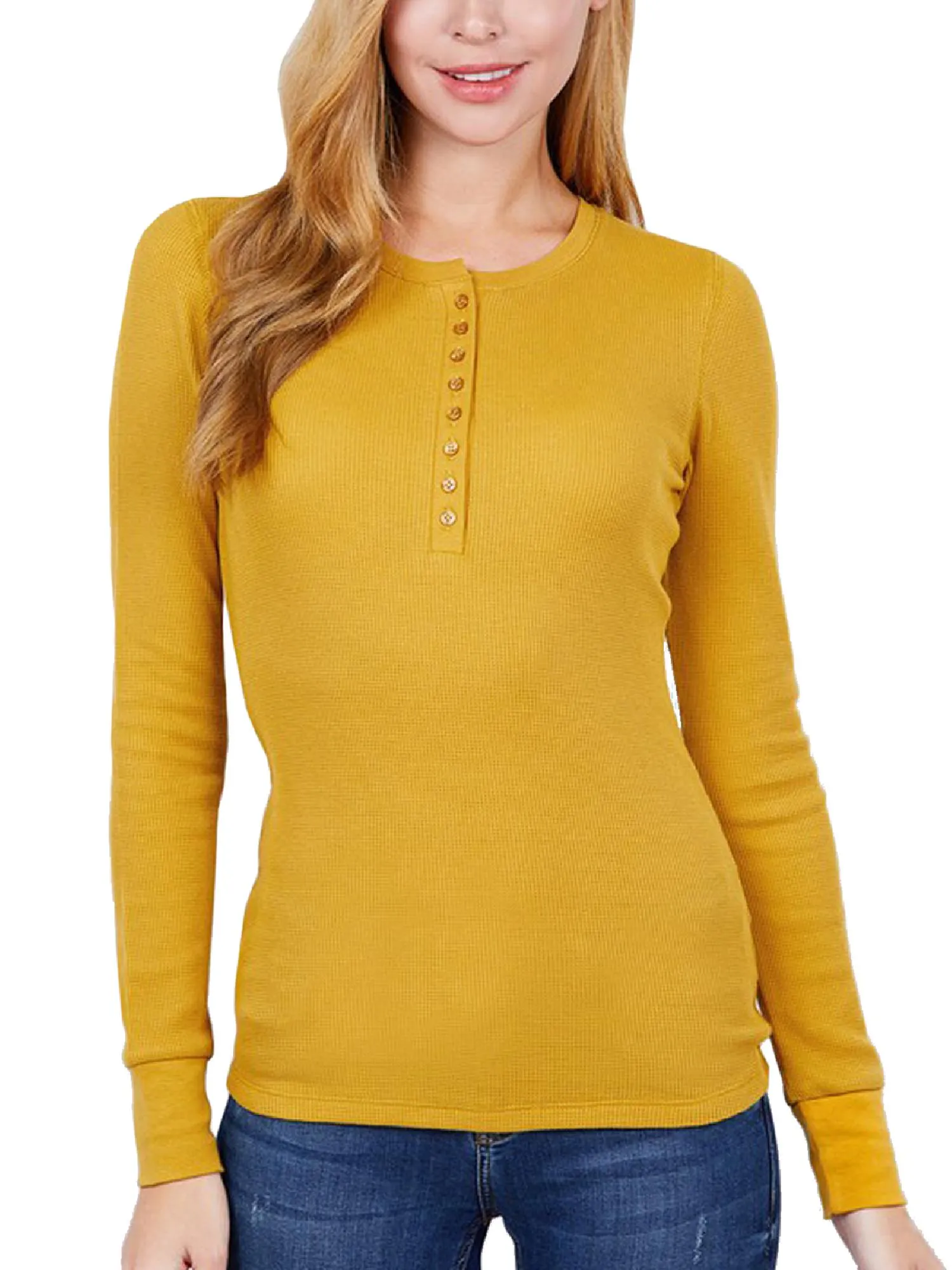 Long Sleeve Eight Button Closure Henley Thermal Knit Top
