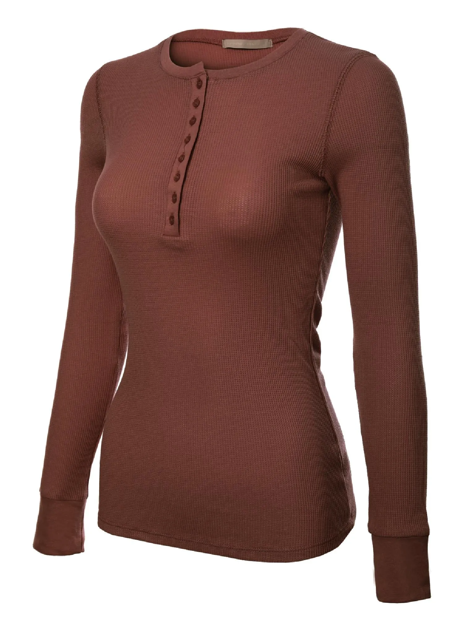 Long Sleeve Eight Button Closure Henley Thermal Knit Top