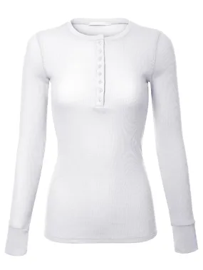 Long Sleeve Eight Button Closure Henley Thermal Knit Top
