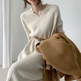 Long-Sleeve V-Neck Plain Ribbed Midi Sweater Dress