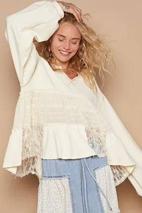 Making Moves Lace Pieced Long Sleeve Shirred Top