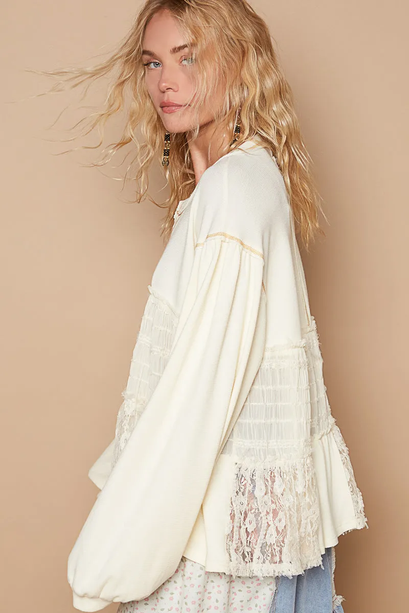 Making Moves Lace Pieced Long Sleeve Shirred Top