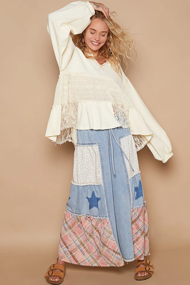 Making Moves Lace Pieced Long Sleeve Shirred Top