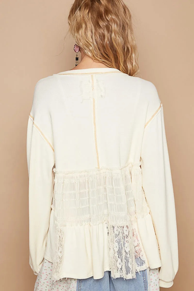 Making Moves Lace Pieced Long Sleeve Shirred Top