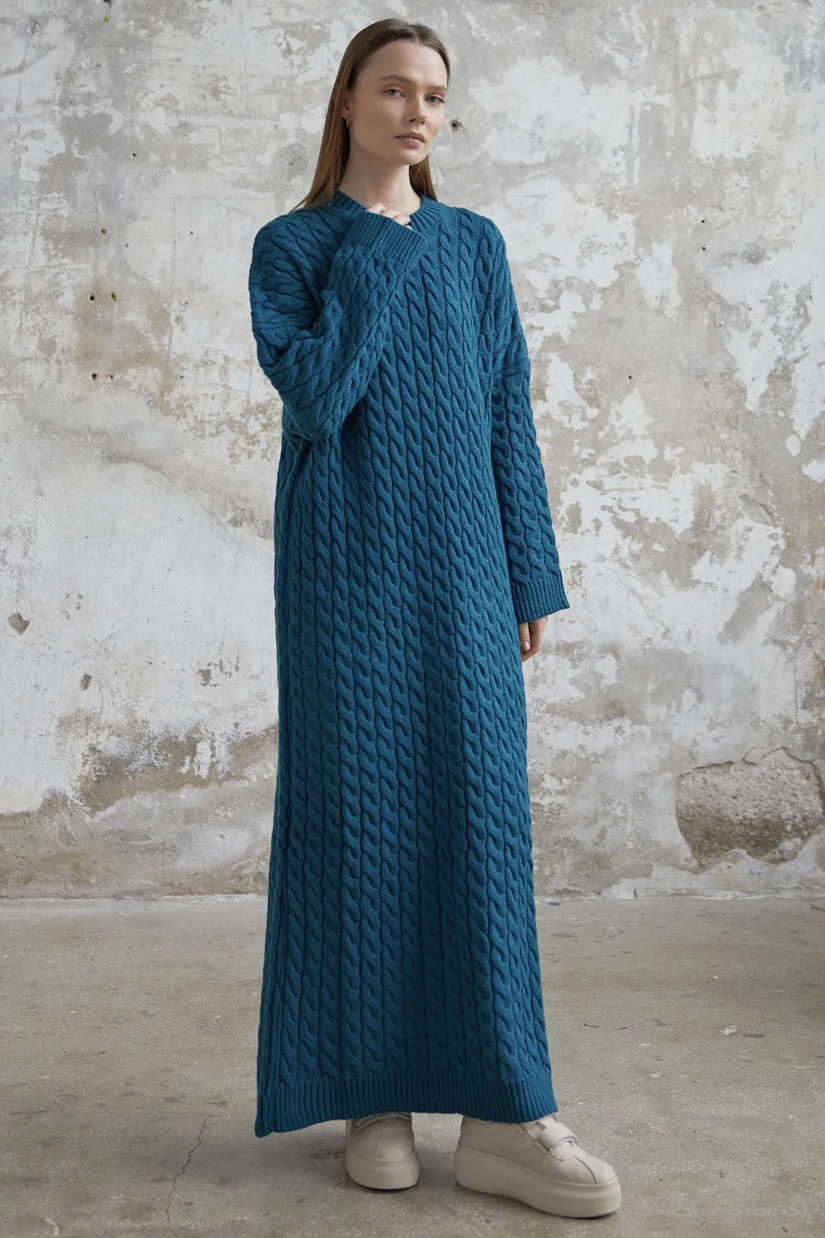MDS Women Everly Knitted Patterned Sweater Dress - Petrol Green - Preston