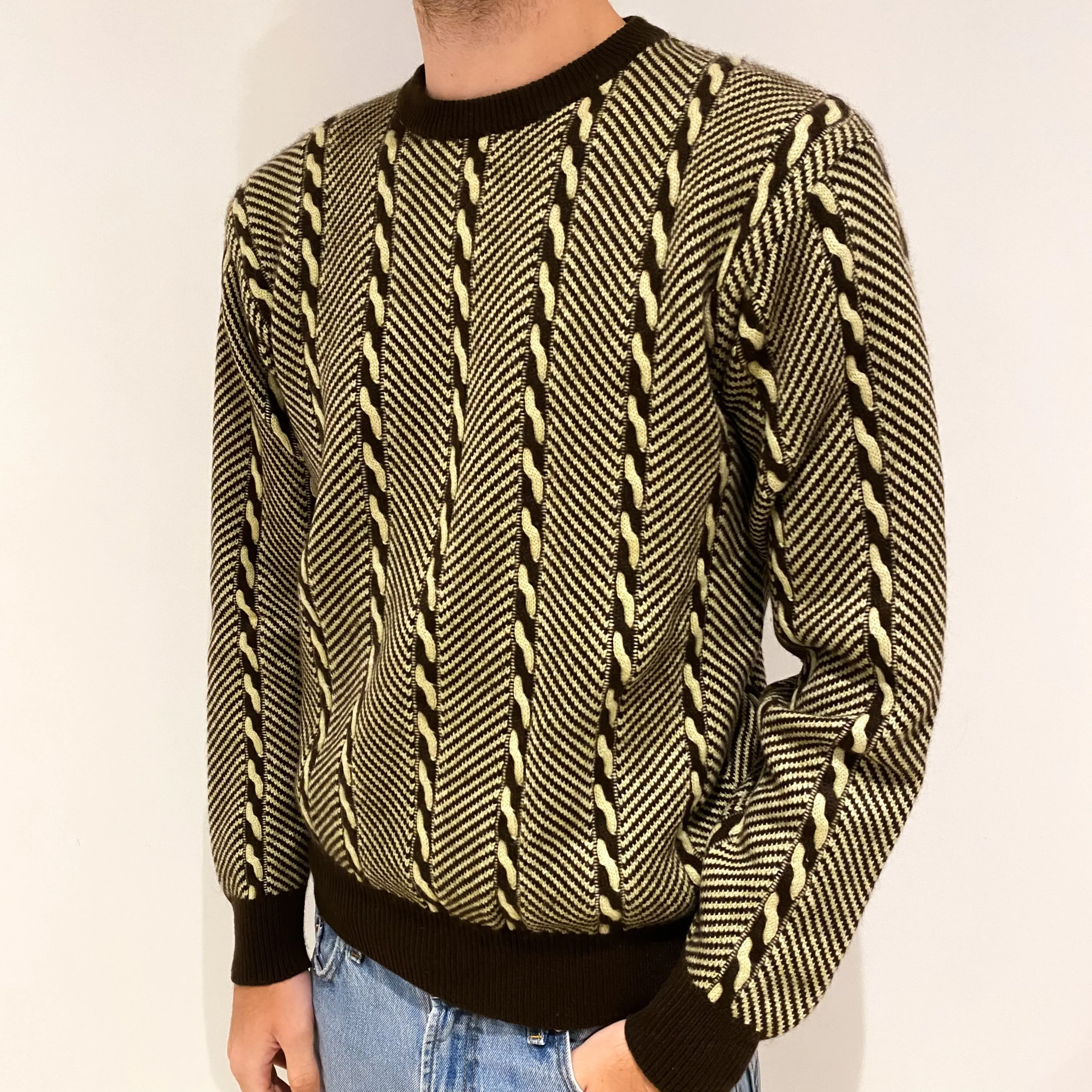 Men's Brown and Primrose Yellow Cashmere Crew Neck Jumper Large