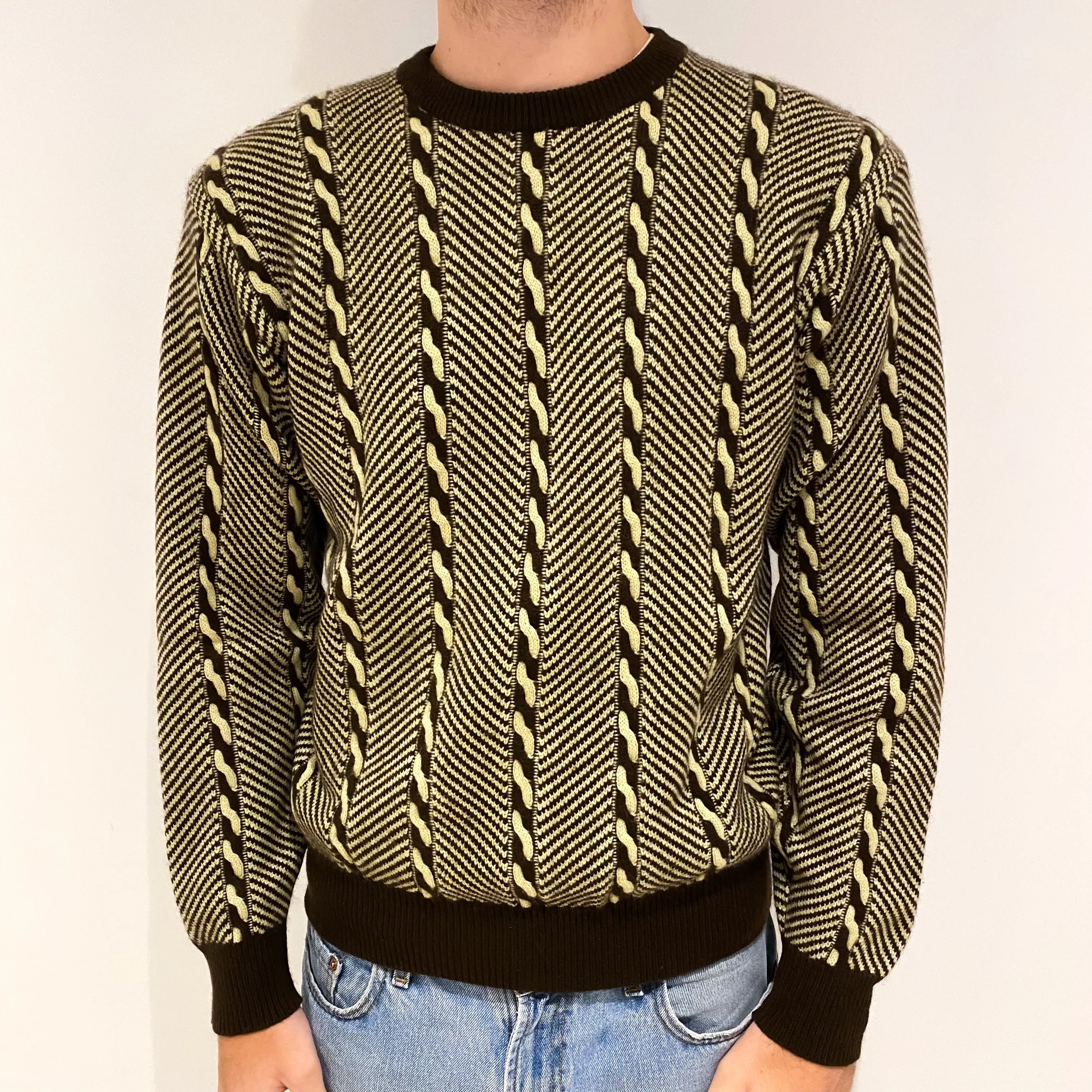 Men's Brown and Primrose Yellow Cashmere Crew Neck Jumper Large