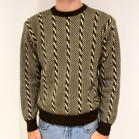 Men's Brown and Primrose Yellow Cashmere Crew Neck Jumper Large