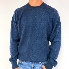 Men's Naval Blue Cable Cashmere Crew Neck Jumper Extra Extra Large