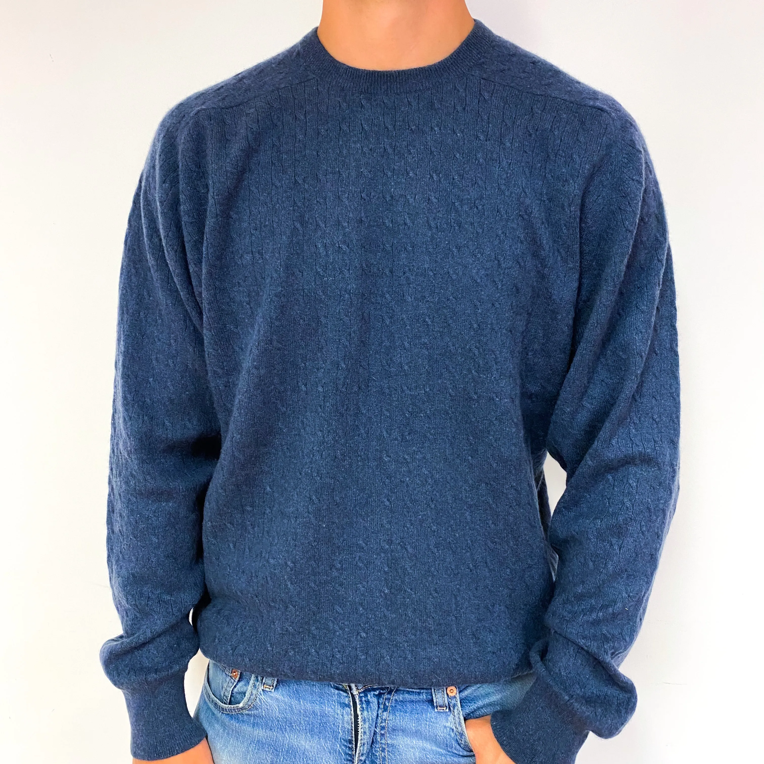 Men's Naval Blue Cable Cashmere Crew Neck Jumper Extra Extra Large