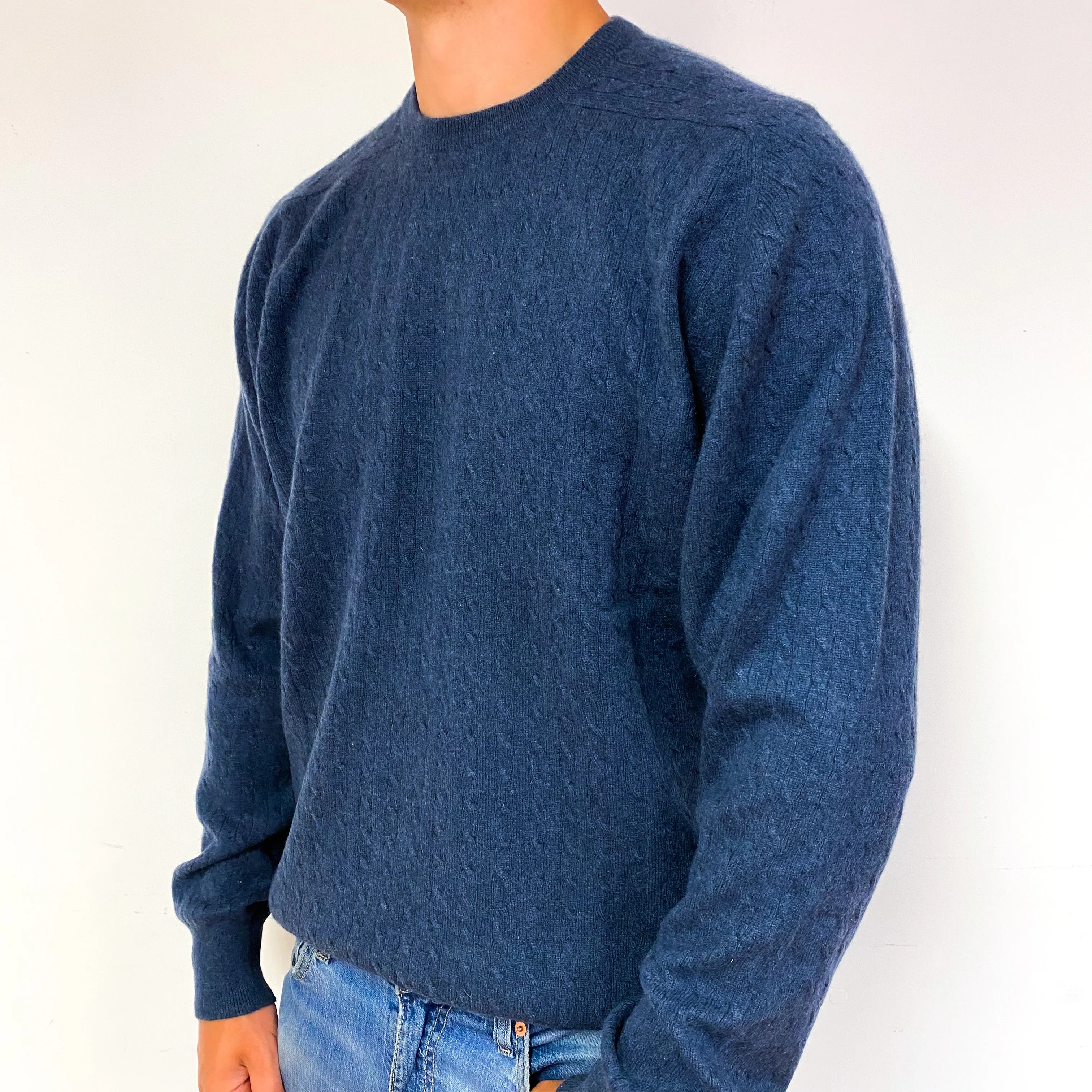 Men's Naval Blue Cable Cashmere Crew Neck Jumper Extra Extra Large
