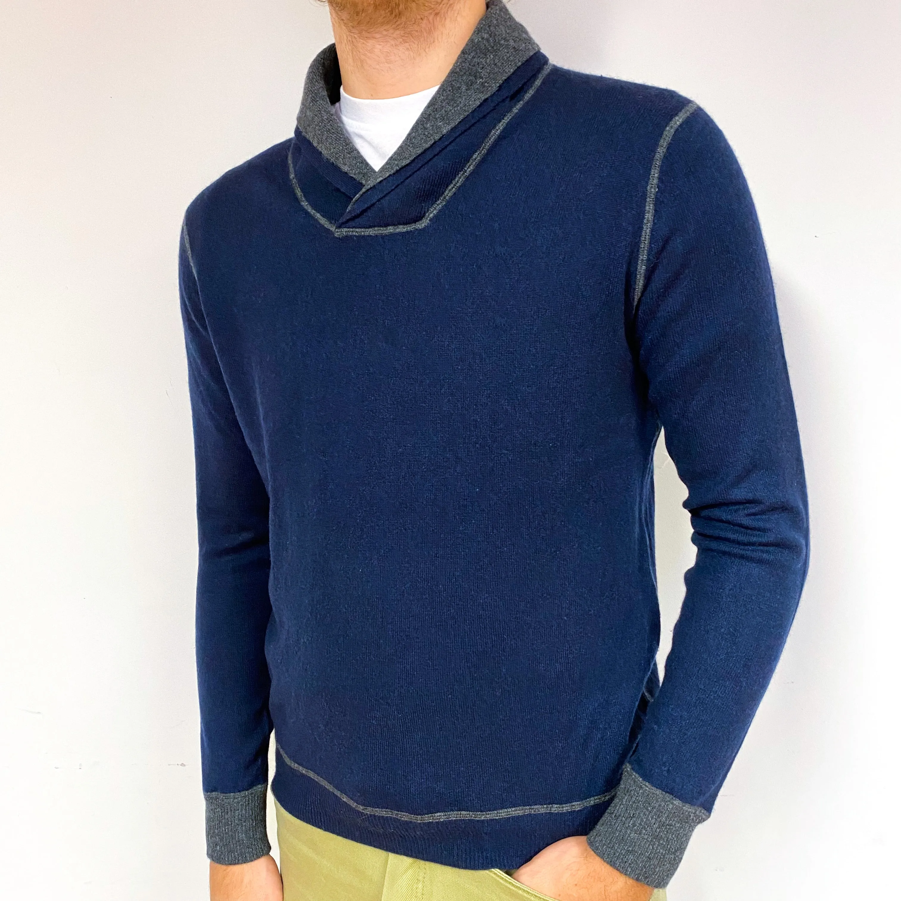 Men's Navy and Grey Cashmere Collared V-Neck Jumper Medium