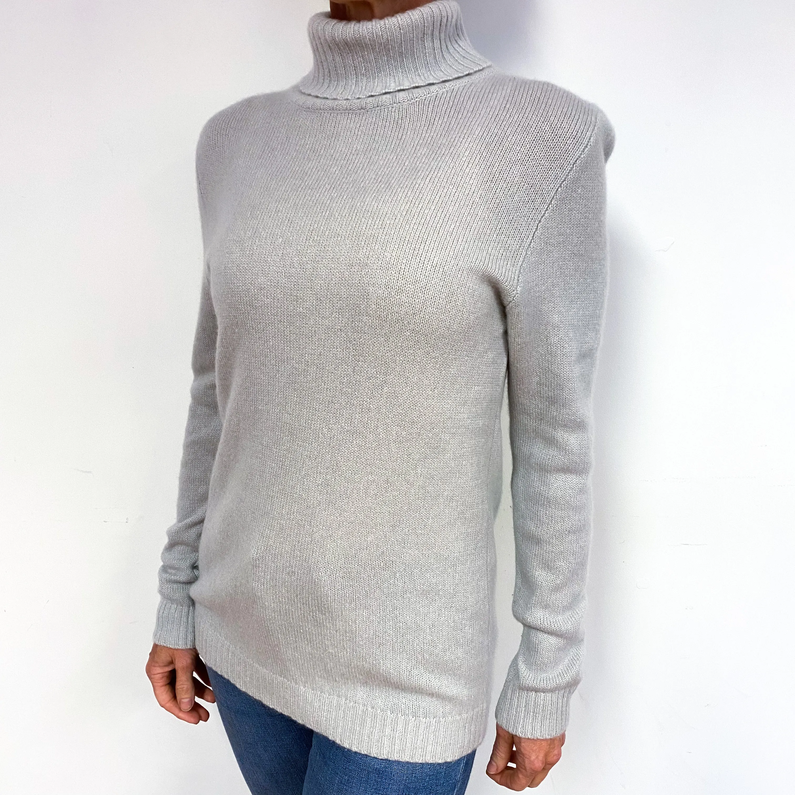 Mist Grey Longline Cashmere Polo Neck Jumper Medium