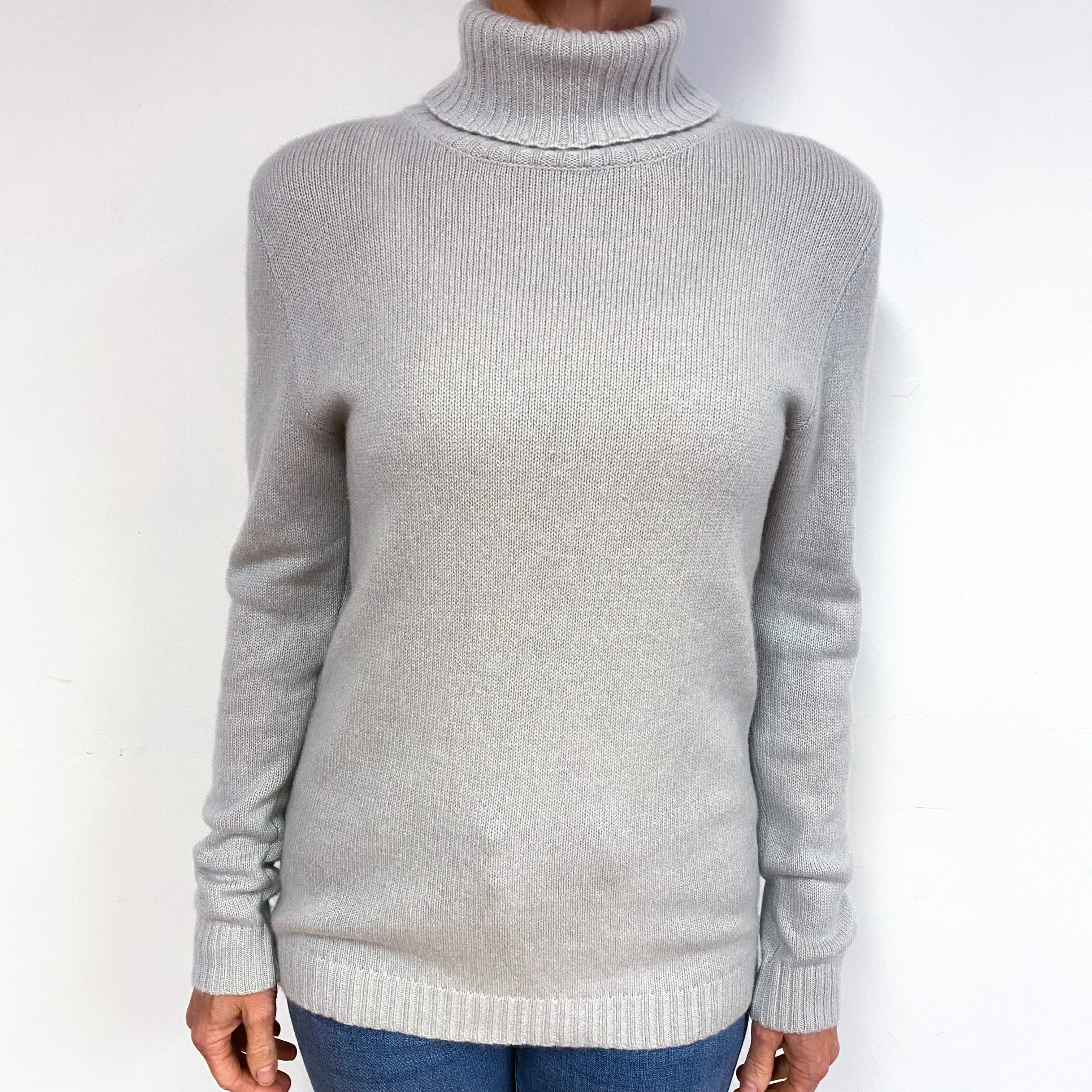 Mist Grey Longline Cashmere Polo Neck Jumper Medium