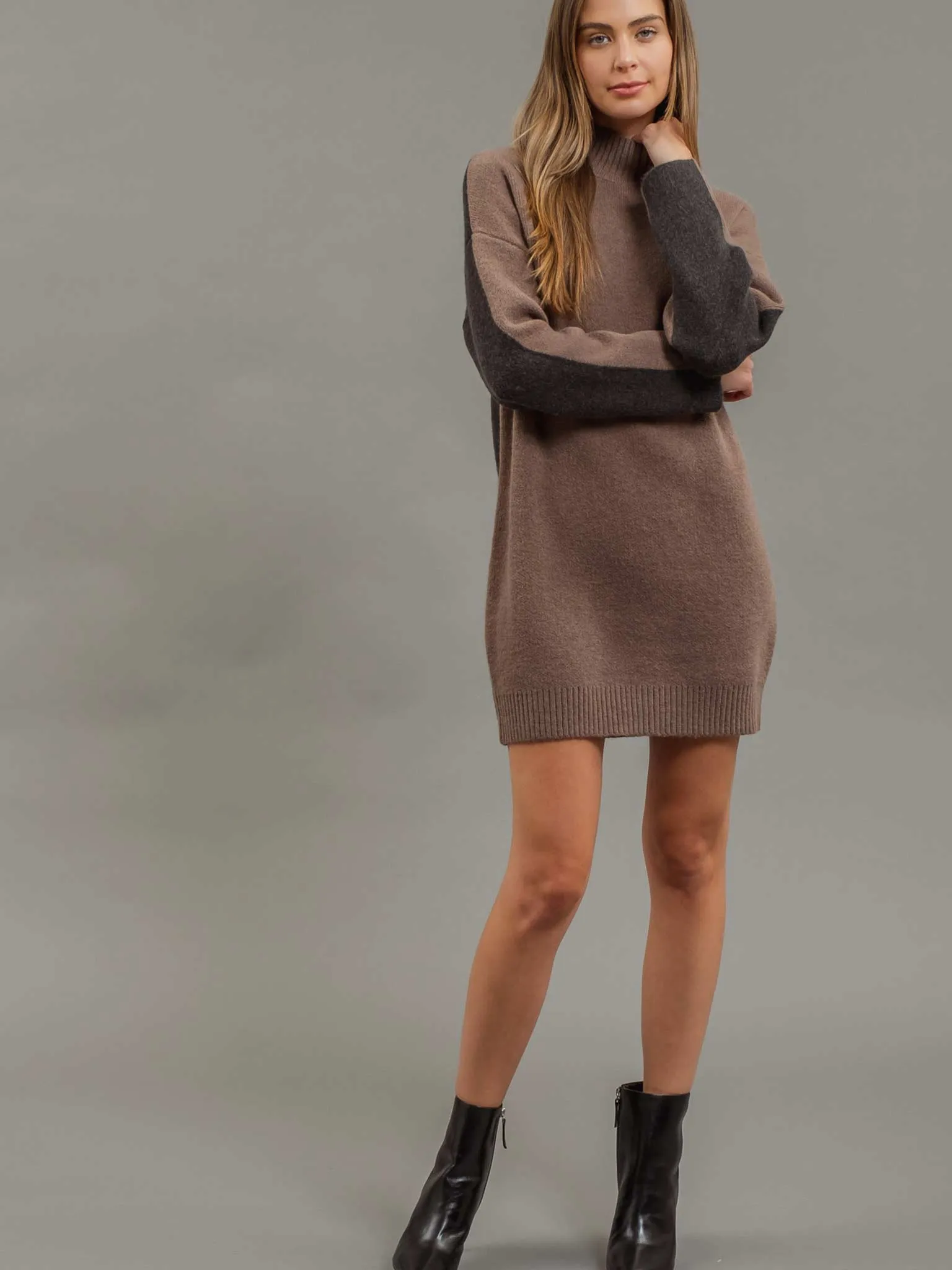Mock Neck Colorblock Mocha and Charcoal Sweater Dress
