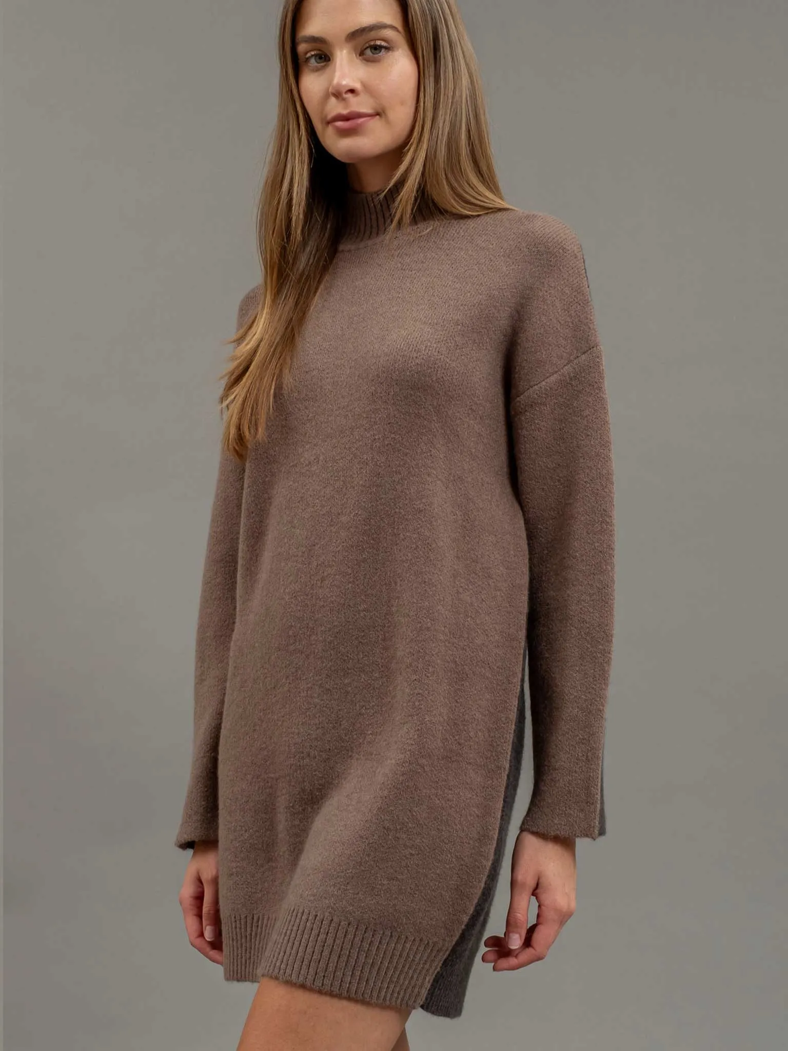 Mock Neck Colorblock Mocha and Charcoal Sweater Dress