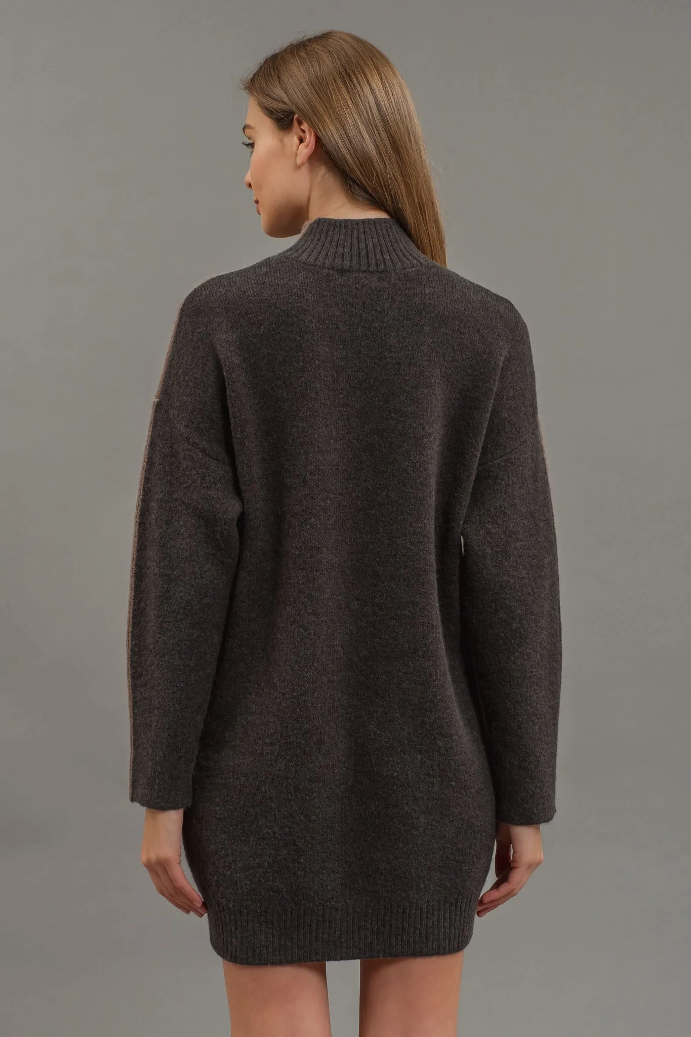 Mock Neck Colorblock Mocha and Charcoal Sweater Dress