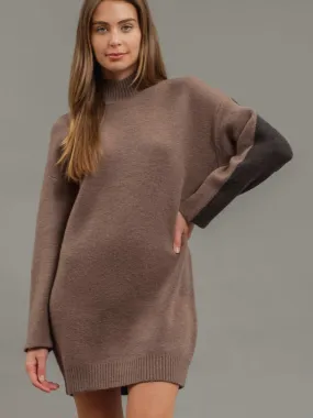 Mock Neck Colorblock Mocha and Charcoal Sweater Dress