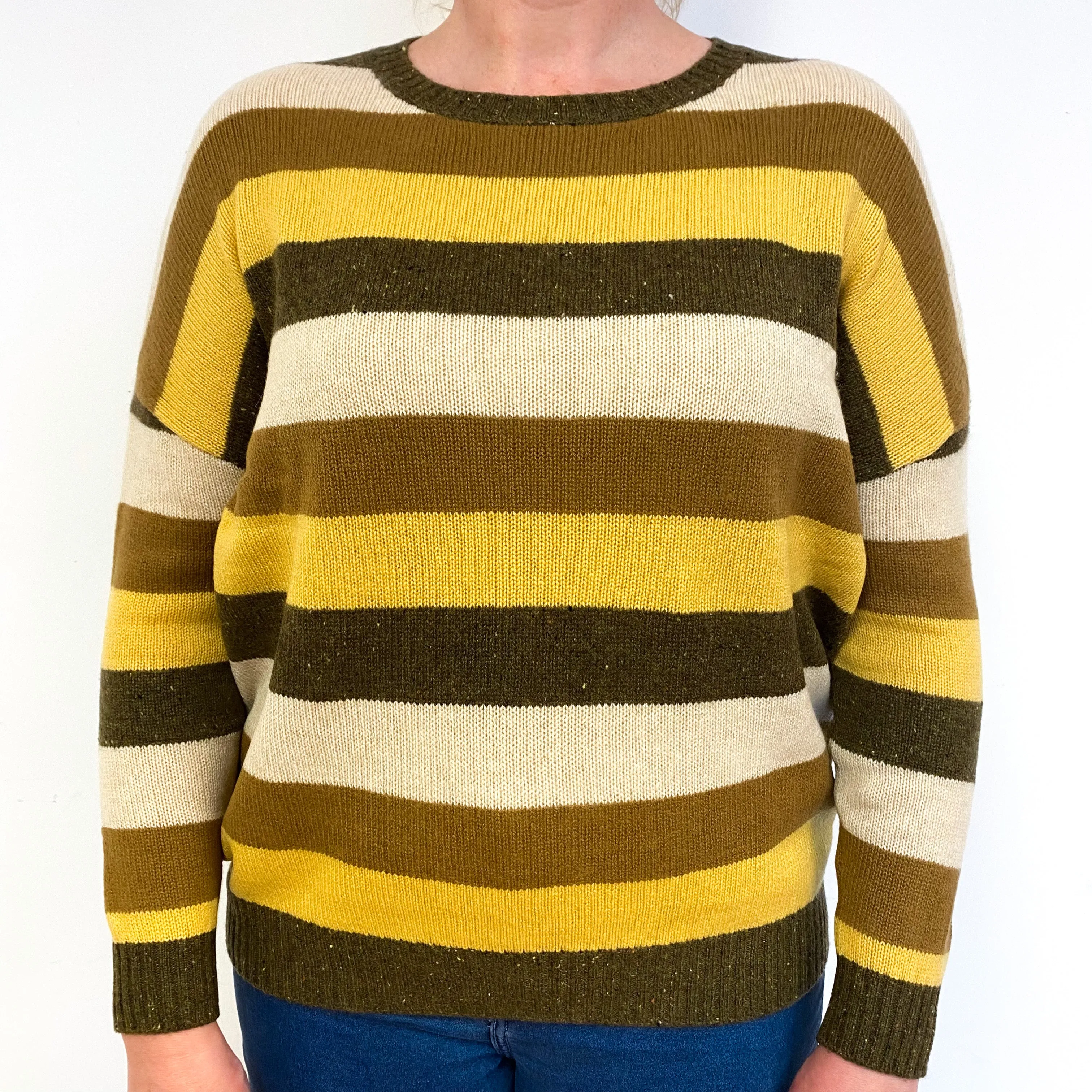 Mustard Brown Stripe Slouchy Cashmere Crew Neck Jumper Large