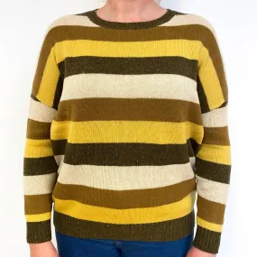 Mustard Brown Stripe Slouchy Cashmere Crew Neck Jumper Large